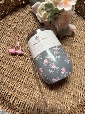Shabby Chic 16oz Wine/Drink Tumbler W/Straw And Silicone Topper and Charm Rose